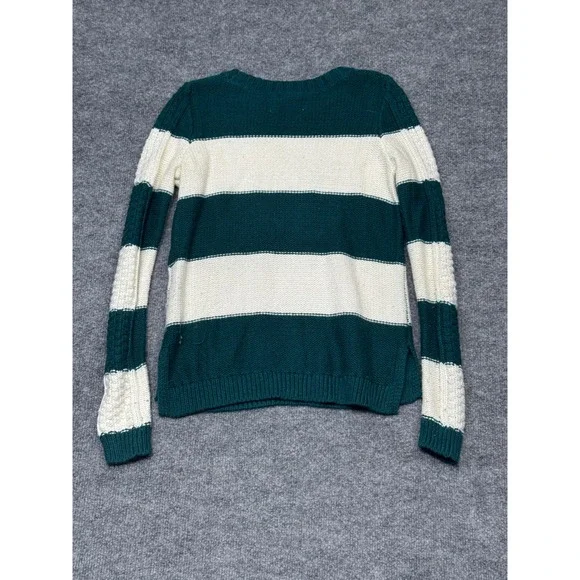 Hollister Women XS Striped Cable Knit Sweater Forest Green Cream Crewneck 3R3667 - Picture 6 of 9